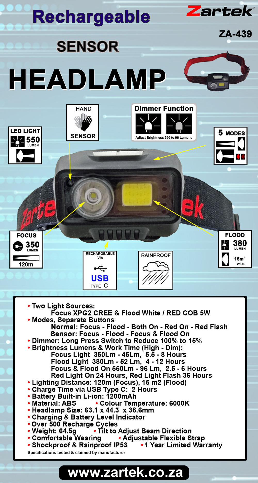 Zartek Headtorch Rechargeable - White/Red - Dimmable - Hand On/Off Sensor - Image 7