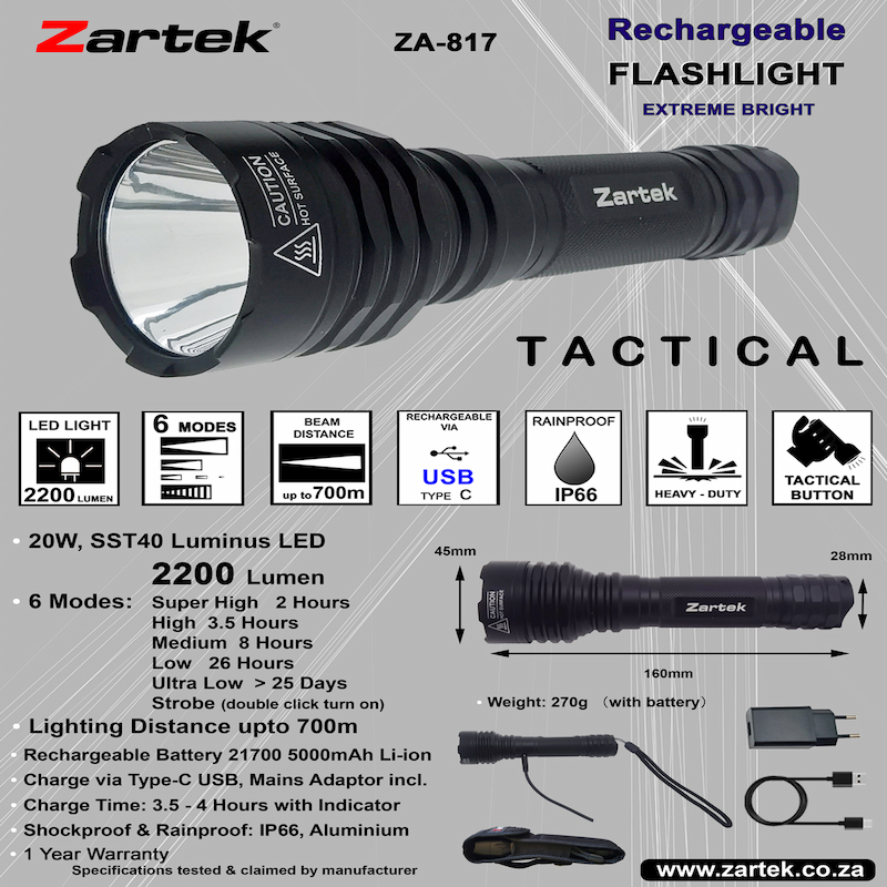 Zartek Torch Rechargeable LED - 2200 Lumen - Extreme Bright Supreme Product